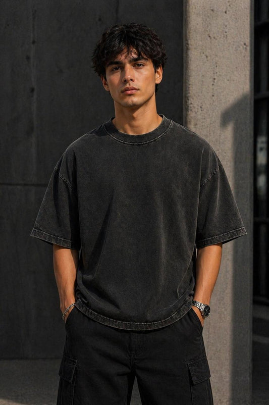 Oversized Acid Wash Tee - Washed Black