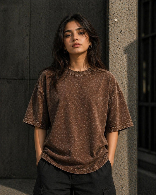 Oversized Acid Wash Tee - Brown